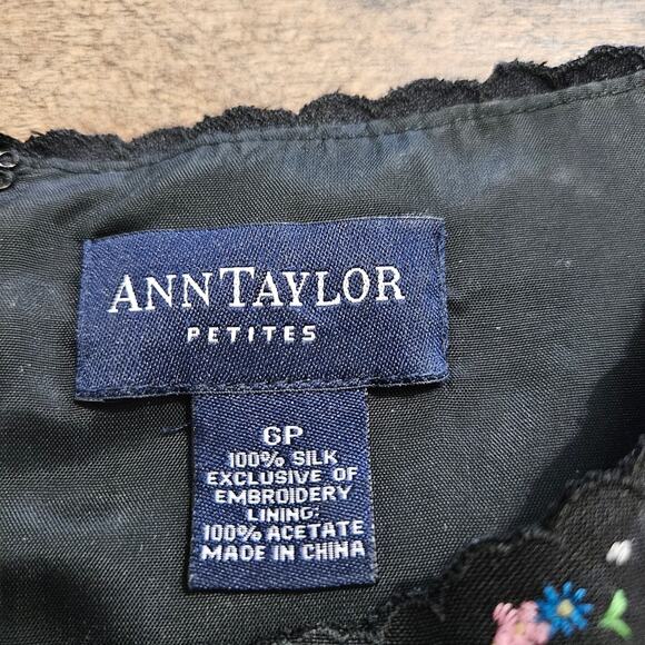 Ann Taylor Silk Black Spaghetti Strap Floral Embroidered Dress Size 6P - Picture 5 of 12